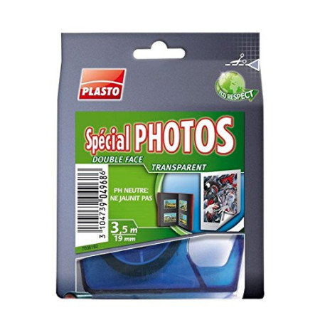 Plasto - Adhésif Double Face Photo 3.5m - Transparent & Sans Jaunissement
