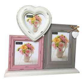 Cadre Photo Pêle-Mêle à Poser 3 Photos Esprit Charme Taupe, Blanc & Rose