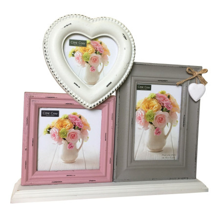 Cadre Photo Pêle-Mêle à Poser 3 Photos Esprit Charme Taupe, Blanc & Rose