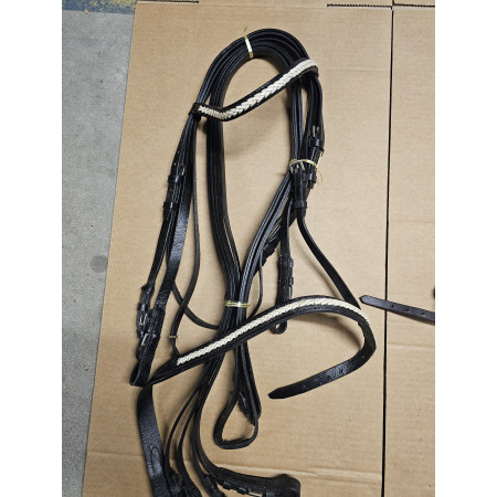 BRIDON CHEVAL CUIR TRESSE BLANC DOUBLE RENES CUIRNOIR