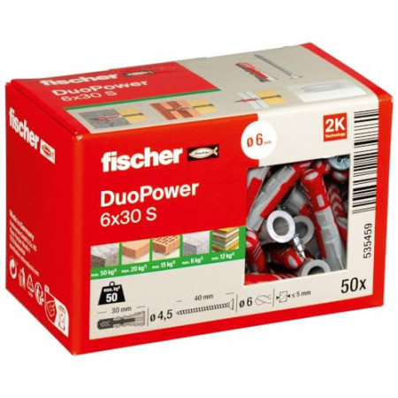 Cheville Fischer DuoPower 6x30 Tous Matériaux avec Vis Boîte de 50