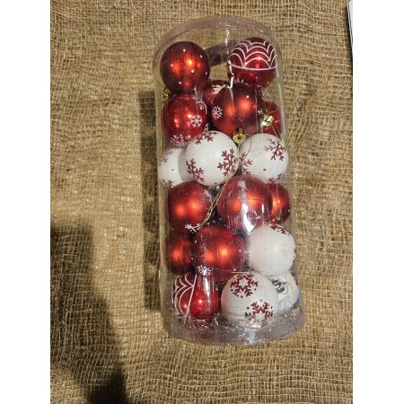 SET DE BOULES DE NOEL BLANC ET ROUGE FLOCONS
