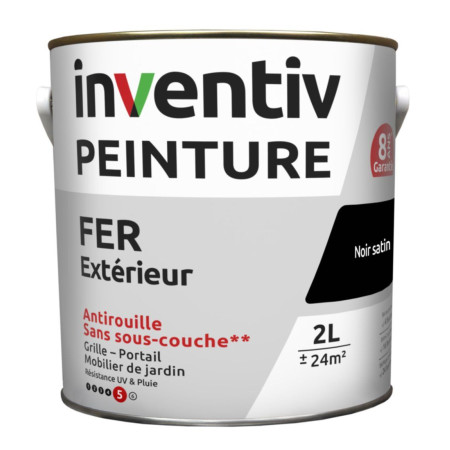 Peinture Extérieure Fer INVENTIV Noir Satin 8 Ans Garantie 2 L