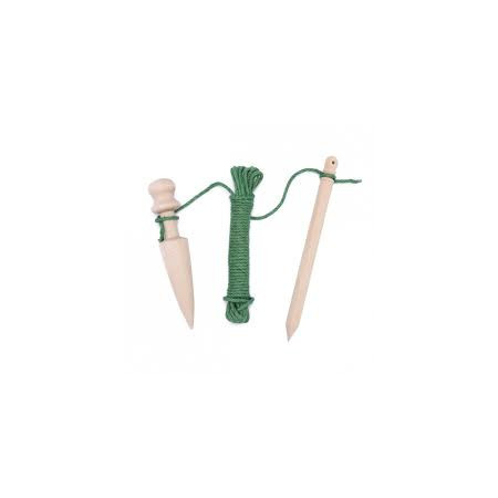 Plantoir Piquet Hêtre & Cordeau Jute 10m Kit Jardinage Bois