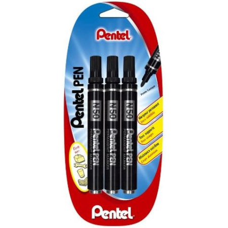 Pentel N50 - Marqueurs Permanents Pointe Conique Noir - Lot de 3