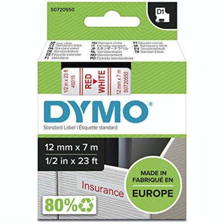Dymo D1 Ruban Étiquettes Standard 12mm x 7m - Rouge/Blanc
