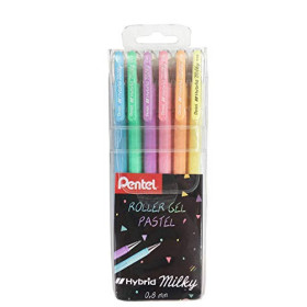 Pentel K108-P Hybrid Milky Stylo Roller Gel Pastel - Pochette 6 Couleurs