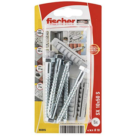 Chevilles Nylon SX 10x50mm Fischer Avec Vis, Blister de 5