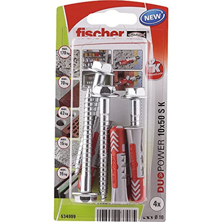 FISCHER  - CHEVILLE TOUS MATÉRIAUX DUOPOWER 10X50 AVEC VIS/BLISTER DE 4