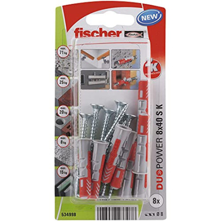 Chevilles Fischer DuoPower 8x40 S Fixation Béton, Brique